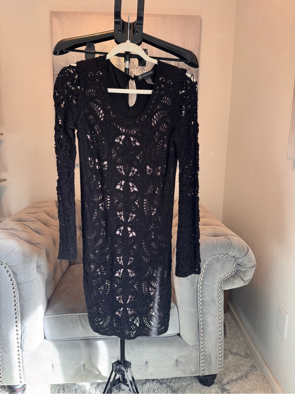 INC International Concepts Black Crochet Long Sleeve Dress